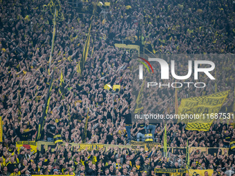 Fans of Borussia Dortmund cheer for their team prior to the Bundesliga match between Borussia Dortmund and FC St. Pauli 1910 at Signal Iduna...