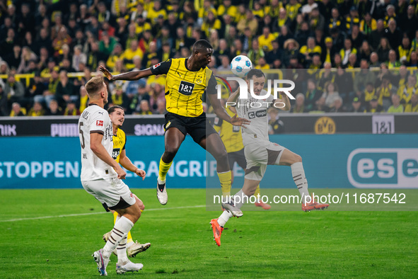 Serhou Guirassy of Borussia Dortmund plays the ball during the Bundesliga match between Borussia Dortmund and FC St. Pauli 1910 at Signal Id...