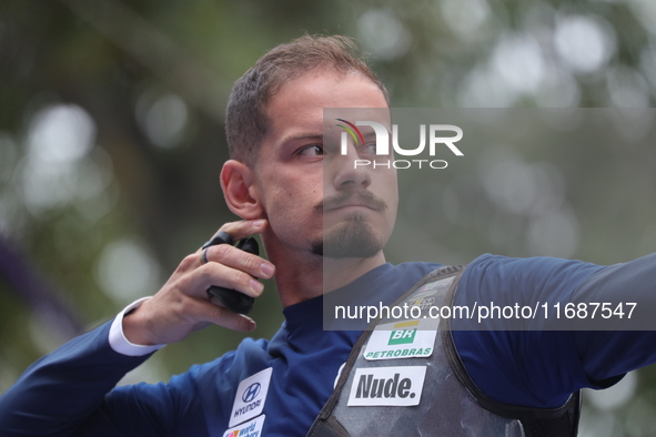 Marcus D'Almeida of Brazil competes against Matias Grande of Mexico (not in picture) during the Men's recurve 3rd place match on the final d...