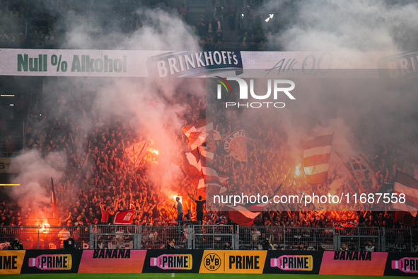 Fans of FC St. Pauli 1910 ignite pyro during the Bundesliga match between Borussia Dortmund and FC St. Pauli 1910 at Signal Iduna Park in Do...