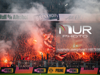 Fans of FC St. Pauli 1910 ignite pyro during the Bundesliga match between Borussia Dortmund and FC St. Pauli 1910 at Signal Iduna Park in Do...