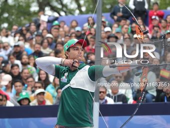 Matias Grande of Mexico competes against Marcus D'Almeida of Brazil (not in picture) during the Men's recurve 3rd place match on the final d...