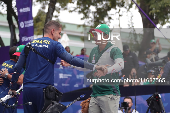 Marcus D'Almeida of Brazil and Matias Grande of Mexico compete during the Men's recurve 3rd place match on the final day of the Tlaxcala 202...