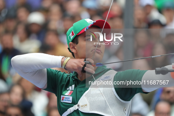 Matias Grande of Mexico competes against Marcus D'Almeida of Brazil (not in picture) during the Men's recurve 3rd place match on the final d...