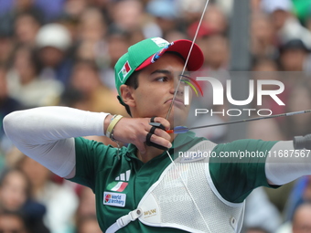 Matias Grande of Mexico competes against Marcus D'Almeida of Brazil (not in picture) during the Men's recurve 3rd place match on the final d...