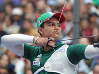 Matias Grande of Mexico competes against Marcus D'Almeida of Brazil (not in picture) during the Men's recurve 3rd place match on the final d...