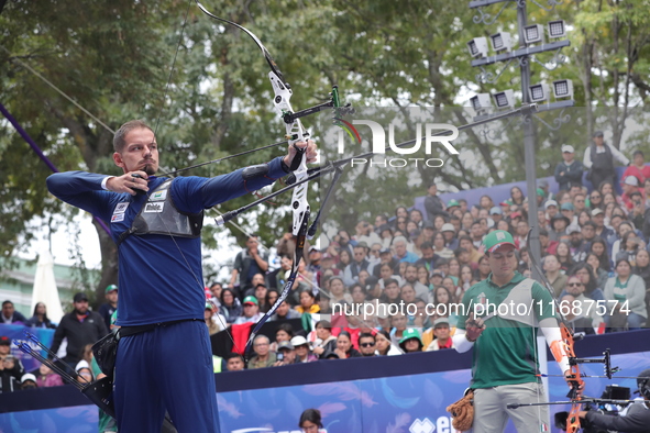 Marcus D'Almeida of Brazil and Matias Grande of Mexico compete during the Men's recurve 3rd place match on the final day of the Tlaxcala 202...