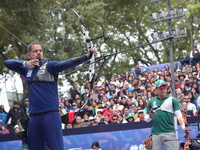 Marcus D'Almeida of Brazil and Matias Grande of Mexico compete during the Men's recurve 3rd place match on the final day of the Tlaxcala 202...