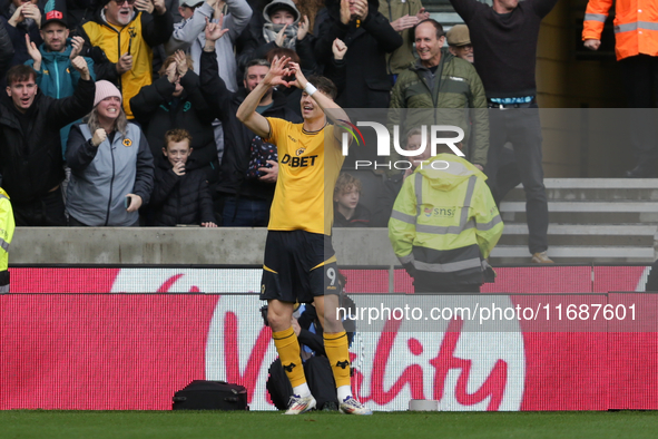 J?rgen Strand Larsen of Wolves celebrates after scoring their first goal during the Premier League match between Wolverhampton Wanderers and...