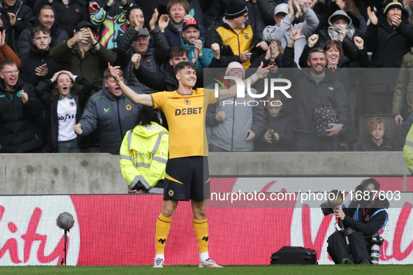 J?rgen Strand Larsen of Wolves celebrates after scoring their first goal during the Premier League match between Wolverhampton Wanderers and...