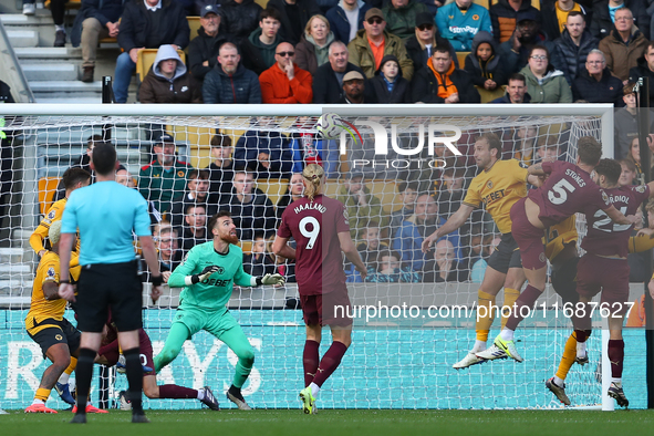 John Stones of Manchester City (5) scores his side's second goal during the Premier League match between Wolverhampton Wanderers and Manches...