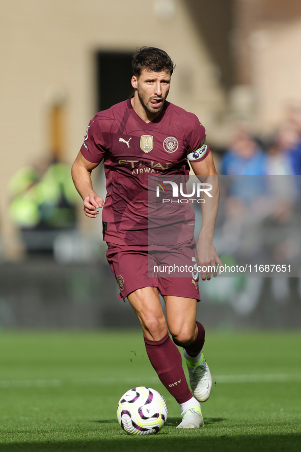 Ruben Dias of Manchester City participates in the Premier League match between Wolverhampton Wanderers and Manchester City at Molineux in Wo...