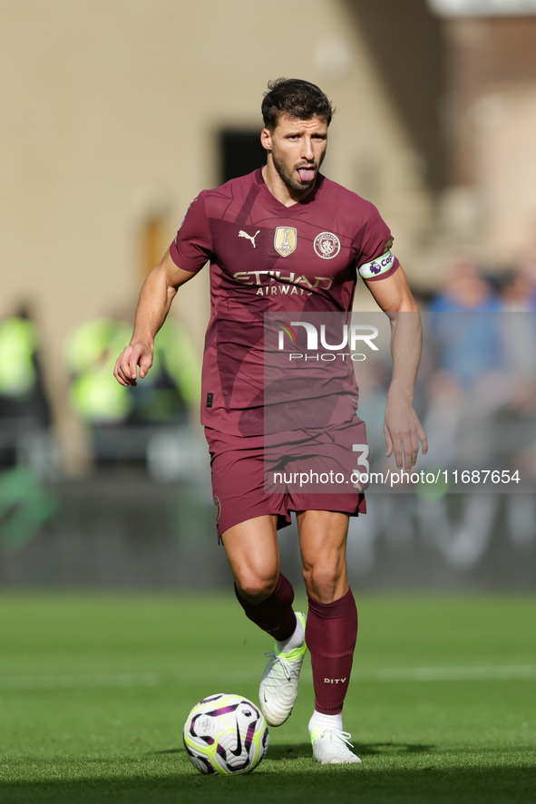 Ruben Dias of Manchester City participates in the Premier League match between Wolverhampton Wanderers and Manchester City at Molineux in Wo...