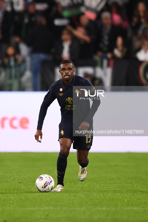 Pierre Kalulu plays during the Serie A match between Juventus FC and SS Lazio at Allianz Stadium in Turin, Italy, on October 19, 2024. 