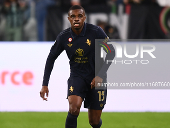 Pierre Kalulu plays during the Serie A match between Juventus FC and SS Lazio at Allianz Stadium in Turin, Italy, on October 19, 2024. (