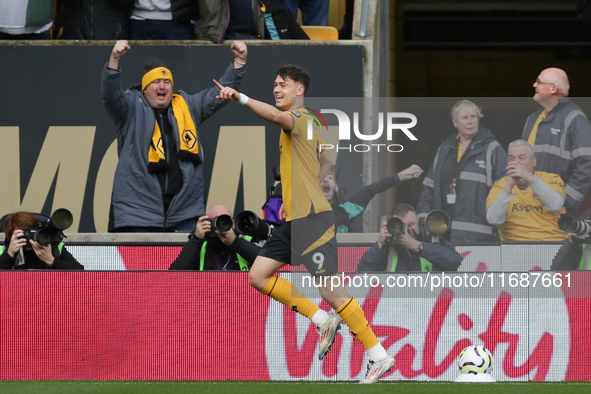 J?rgen Strand Larsen of Wolves celebrates after scoring their first goal during the Premier League match between Wolverhampton Wanderers and...