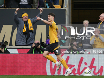 J?rgen Strand Larsen of Wolves celebrates after scoring their first goal during the Premier League match between Wolverhampton Wanderers and...