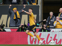 J?rgen Strand Larsen of Wolves celebrates after scoring their first goal during the Premier League match between Wolverhampton Wanderers and...