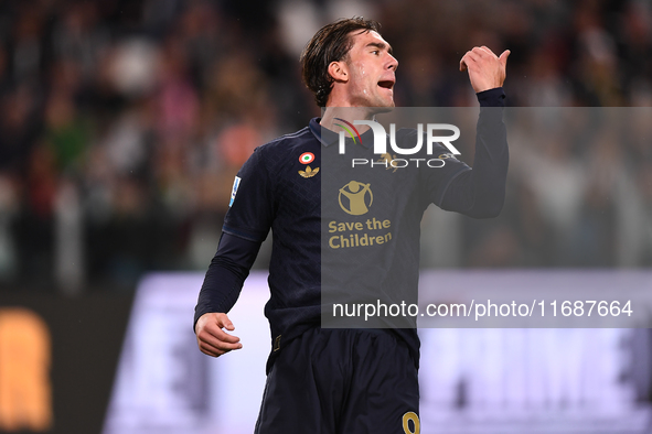 Dusan Vlahovic of Juventus shows disappointment during the Serie A match between Juventus FC and SS Lazio at Allianz Stadium in Turin, Italy...