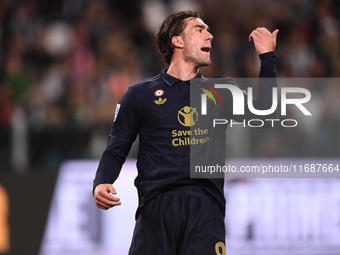 Dusan Vlahovic of Juventus shows disappointment during the Serie A match between Juventus FC and SS Lazio at Allianz Stadium in Turin, Italy...