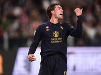 Dusan Vlahovic of Juventus shows disappointment during the Serie A match between Juventus FC and SS Lazio at Allianz Stadium in Turin, Italy...