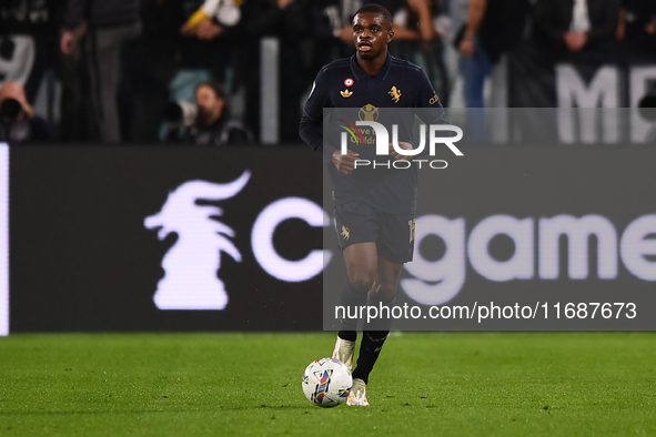 Pierre Kalulu plays during the Serie A match between Juventus FC and SS Lazio at Allianz Stadium in Turin, Italy, on October 19, 2024. 