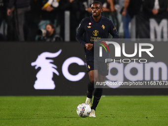 Pierre Kalulu plays during the Serie A match between Juventus FC and SS Lazio at Allianz Stadium in Turin, Italy, on October 19, 2024. (