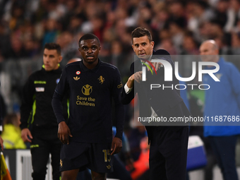 Juventus' head coach Thiago Motta talks with Juventus' Pierre Kalulu during the Serie A match between Juventus FC and SS Lazio at Allianz St...