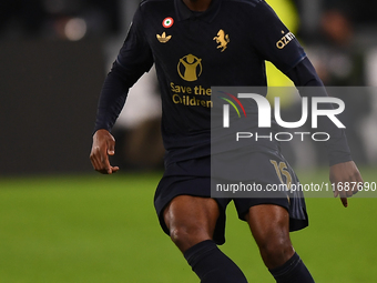 Pierre Kalulu plays during the Serie A match between Juventus FC and SS Lazio at Allianz Stadium in Turin, Italy, on October 19, 2024. (