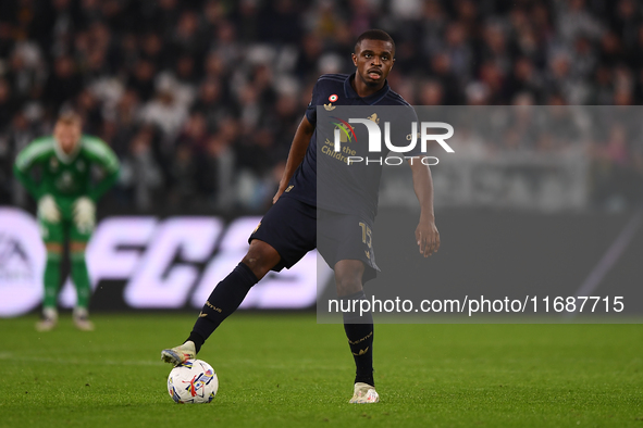 Pierre Kalulu plays during the Serie A match between Juventus FC and SS Lazio at Allianz Stadium in Turin, Italy, on October 19, 2024. 