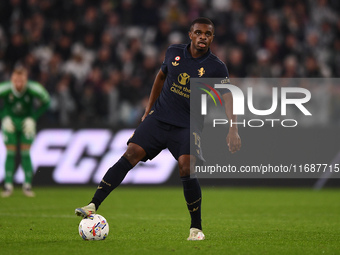 Pierre Kalulu plays during the Serie A match between Juventus FC and SS Lazio at Allianz Stadium in Turin, Italy, on October 19, 2024. (