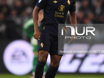 Pierre Kalulu plays during the Serie A match between Juventus FC and SS Lazio at Allianz Stadium in Turin, Italy, on October 19, 2024. (