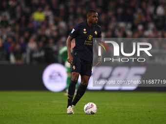 Pierre Kalulu plays during the Serie A match between Juventus FC and SS Lazio at Allianz Stadium in Turin, Italy, on October 19, 2024. (