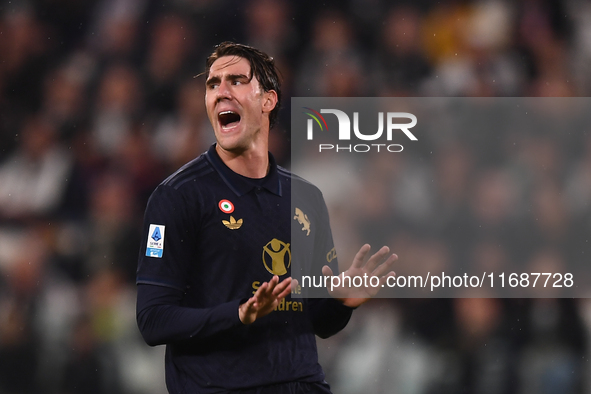 Dusan Vlahovic of Juventus shows disappointment during the Serie A match between Juventus FC and SS Lazio at Allianz Stadium in Turin, Italy...