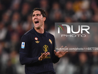 Dusan Vlahovic of Juventus shows disappointment during the Serie A match between Juventus FC and SS Lazio at Allianz Stadium in Turin, Italy...