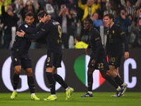 Danilo of Juventus celebrates with Dusan Vlahovic of Juventus during the Serie A match between Juventus FC and SS Lazio at Allianz Stadium i...