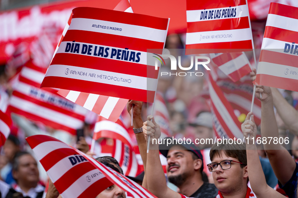 Detail of Atletico de Madrid fans' choreography is seen during the La Liga EA Sports 2024/25 football match between Atletico de Madrid and C...