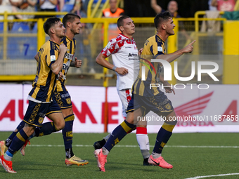 Andrea Adorante of SS Juve Stabia celebrates after scoring during the Serie B match between SS Juve Stabia and Cremonese at Stadio Romeo Men...