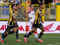 Andrea Adorante of SS Juve Stabia celebrates after scoring during the Serie B match between SS Juve Stabia and Cremonese at Stadio Romeo Men...