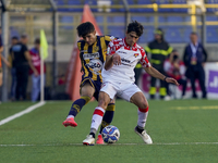 Tommaso Barbieri of Cremonese competes for the ball with Niccolo Fortini of SS Juve Stabia during the Serie B match between SS Juve Stabia a...