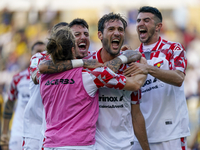 Franco Vazquez of Cremonese celebrates with team mates after scoring during the Serie B match between SS Juve Stabia and Cremonese at Stadio...