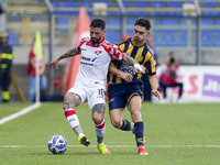 Cristian Buonaiuto of Cremonese competes for the ball with Christian Pierobon of Cremonese during the Serie B match between SS Juve Stabia a...