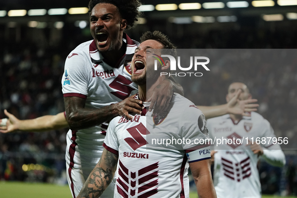 Karol Linetty (Torino FC) celebrates during the Serie A TIM match between Cagliari Calcio and Torino FC in Italy on October 20, 2024 