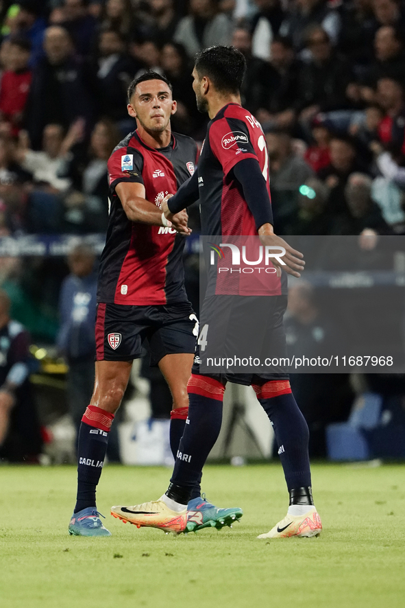 Jose Luis Palomino (#24 Cagliari Calcio) and Gabriele Zappa (#28 Cagliari Calcio) celebrate during the Serie A TIM match between Cagliari Ca...