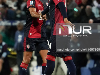 Jose Luis Palomino (#24 Cagliari Calcio) and Gabriele Zappa (#28 Cagliari Calcio) celebrate during the Serie A TIM match between Cagliari Ca...