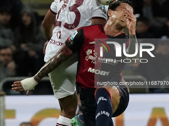 Saul Coco of Torino FC and Gianluca Lapadula of Cagliari Calcio (#9) during the Serie A TIM match between Cagliari Calcio and Torino FC in I...