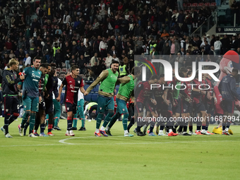 The team of Cagliari celebrates during the Serie A TIM match between Cagliari Calcio and Torino FC in Italy on October 20, 2024 (