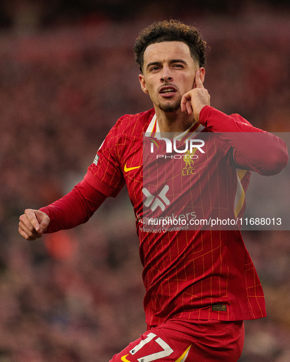 Liverpool's Curtis Jones celebrates after scoring their second goal during the Premier League match between Liverpool and Chelsea at Anfield...