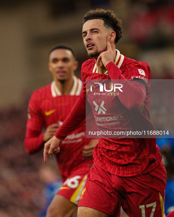 Liverpool's Curtis Jones celebrates after scoring their second goal during the Premier League match between Liverpool and Chelsea at Anfield...