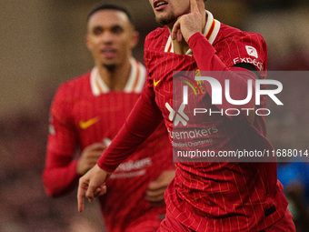 Liverpool's Curtis Jones celebrates after scoring their second goal during the Premier League match between Liverpool and Chelsea at Anfield...